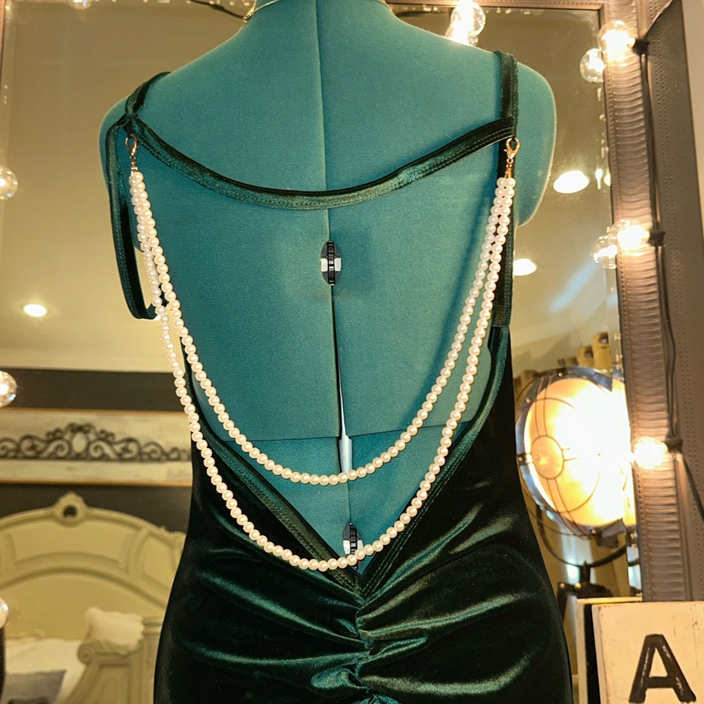 Backless Emerald Velvet Dress with Pearl Back Chains